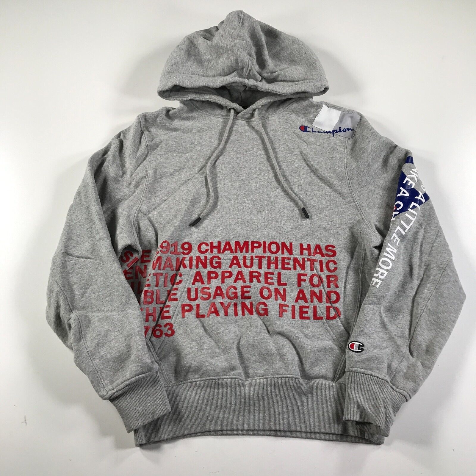 Primary image for Champion Mens Small Hoodie Heather Gray Large Spellout Logo Hooded Warm