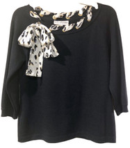 St. John Collection Santana Knit Black Top 3/4 Sleeve Animal Print Bow sz Petite - £31.65 GBP