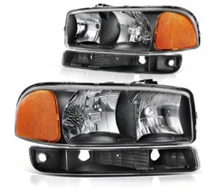 For GMC Sierra Yukon 4pc Headlight Set Clear w Amber Lens Black Housing ... - $49.47