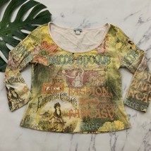 Lapis Vintage Y2k Poster Print Crop Top Size L Yellow Orange French Rhinestones - £19.98 GBP