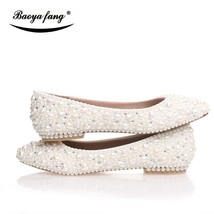 BaoYaFang Beige pearl Crystal womens wedding shoes Flat big size female shoes re - £56.73 GBP