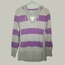 SO Womens Sweatshirt Medium Hooded Grey and Purple Striped Pullover - $11.99