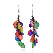 Vibrant Multi-Colored Long Cluster of Shell Dangle Earrings - £8.33 GBP