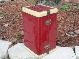 Vintage Red Metal Doll Trunk Carrying Case Wardrobe 14&quot; tall with drawer &amp; rack - £42.15 GBP