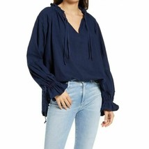 Free People Womens Alpine Denim Tie Neck Top, Blue, Size XS - $60.00