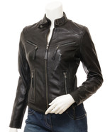 Le Women&#39;s Black Biker Leather Jacket Corinth - $2,827.01 MXN