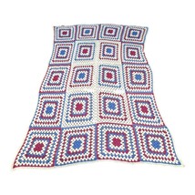 Vintage Granny Square Crochet Blanket Afghan Sofa Red White Blue Patriotic 79X53 - £36.10 GBP