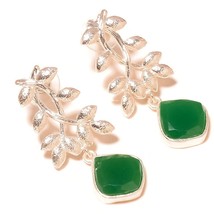 Grass Green Onyx Gemstone 925 Silver Overlay Handmade Leaf Drop Dangle Earrings - £11.95 GBP
