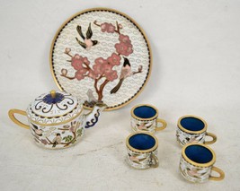 Tea Set Chinese Miniature Cloisonne 4 Cups Tray Teapot Flowers Birds - £62.30 GBP