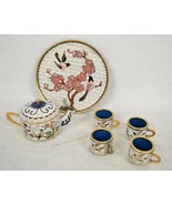Tea Set Chinese Miniature Cloisonne 4 Cups Tray Teapot Flowers Birds - £62.02 GBP