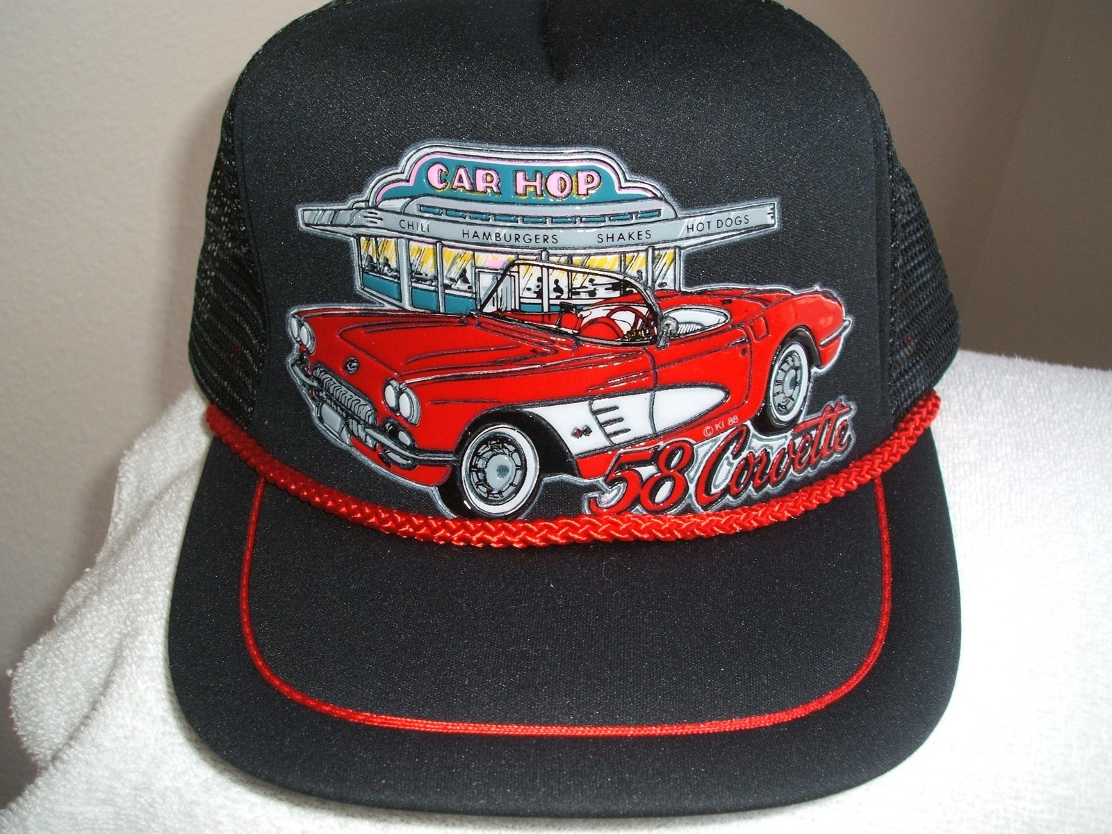 OLD VTG &#39;58 Corvette in 3 - D graphics on a new black mesh cap w/red trim - $20.00