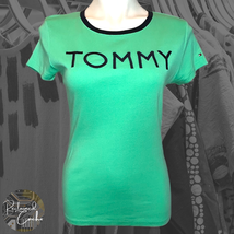 Tommy Hilfiger Womens Medium Mint Green T Shirt Logo Graphic Tee Casual ... - £11.92 GBP