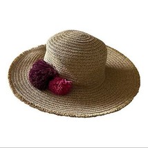 Women Straw Packable Floppy Fringe Natural Summer Hat With Pink Pom Pom - £35.48 GBP