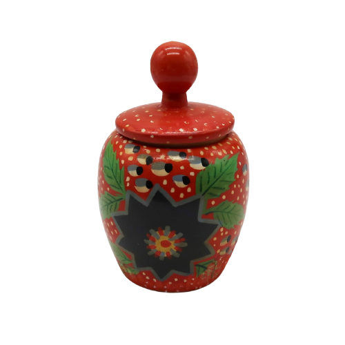 Vntage tiny wooden lidded jar red &amp; blue painted flower design - $14.99