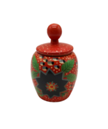 Vntage tiny wooden lidded jar red &amp; blue painted flower design - $14.99