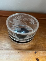 Vintage Small Thick Clear Plastic Round w Reverse Carved Swan &amp; Babies Lid Trink - £9.02 GBP