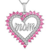 Sterling Silver Round Pink &amp; White Simulated Diamond Heart Love Pendant Necklace - £51.70 GBP
