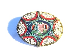 Colorful Antique Oval Mosaic Italian Brooch, 1920s Trumpet Clasp - $25.95