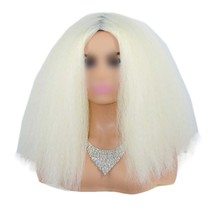 Beige White Afro Straight Bob Wigs Fluffy Synthetic Hair Yaki Straight Curly Med - £16.08 GBP