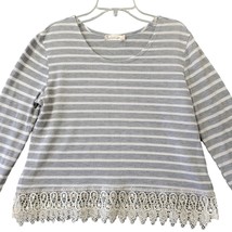 Spoiled Women Shirt Size L Gray Preppy Lace Stripe Classic Long Sleeve Scoop Top - £13.52 GBP