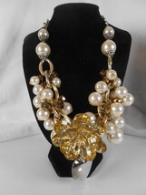 Vintage Goldtone silvertone Amber Rose Bead Chunky Necklace Heart - €12,07 EUR
