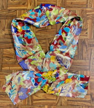 Vintage Berkshire Sheer Metallic Gold Rayon Multicolor Floral Long Scarf India - £7.90 GBP