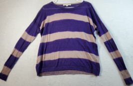 LOFT T Shirt Top Womens Large Beige Purple Striped Ramie Long Sleeve Round Neck - £10.45 GBP