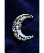 Blue Rhinestone Crescent Moon Brooch  Moon Pin Blue Moon Pendant  - £19.55 GBP