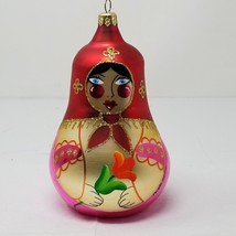 Matryoshka Doll Ornament Glass Hand-Painted Red Floral Glitter Accent Large Vtg - £18.52 GBP