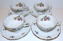 SET OF 4 MITTERTEICH BAVARIA GERMANY MEISSEN FLORAL FOOTED CUPS &amp; SAUCERS - £40.93 GBP