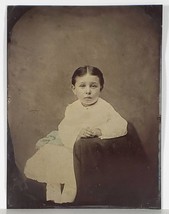 Antique Tintype Sweet Child White Clothes Blue Bow Wearing Tiny Ring Whole Plate - £47.50 GBP
