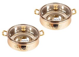 Set of 2 Prisha India Craft Handmade Steel Copper Handi with Lid - Copper Servin - £61.50 GBP