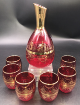 Czech Bohemian Gold &amp; Red Handblown Glass Decanter Carafe w/ 6 Cordial Glasses - £65.09 GBP