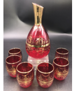 Czech Bohemian Gold &amp; Red Handblown Glass Decanter Carafe w/ 6 Cordial G... - $84.14