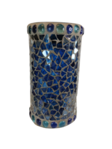 Blue Stain Mosaic Glass &amp; Bead Glass Vase mirror like  10&quot;X5.5 - £28.21 GBP
