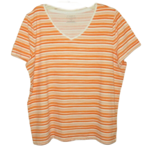 Talbot&#39;s Women 1X Short Sleeve Cotton T-Shirt V-Neck Stripe White Orange - £13.02 GBP