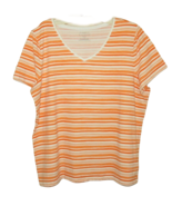 Talbot&#39;s Women 1X Short Sleeve Cotton T-Shirt V-Neck Stripe White Orange - £13.01 GBP
