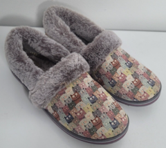 Bobs By Skechers Too Cozy Snuggled Up Cat Print Slippers 8 Faux Fur Memory Foam - £21.58 GBP