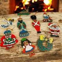 Vintage Flat Wooden Christmas Ornaments Hand Painted Double Sided Lot Of 9 - $14.84