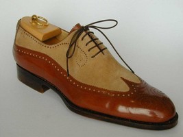 Mens Handmade Shoes Leather Two Tone Wingtip Spectator Formal Dress Casual Boots - £126.54 GBP+