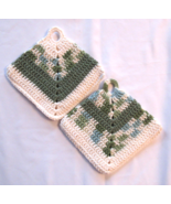 2 Handmade Potholders Hot Pads Crochet Double Thick Green Cream Blue Fre... - £11.79 GBP