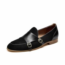 BeauToday Loafers Women Genuine Cow Leather Kid Suede Buckle Straps Round Toe Sl - £138.62 GBP