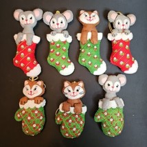 VTG Bucilla 7 Kits Mits and Mice  Felt Jeweled Sequin Christmas Ornaments 48621 - £59.22 GBP