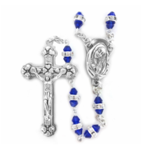 Blue Crystal Glass Beads Cross Crucifix Rosary Necklace - £37.36 GBP