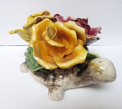 CAPODIMONTE Italy Porcelain Turtle Sculpture Flowers Hand Painted Art 8&quot;X 5&quot; VTG - £55.09 GBP