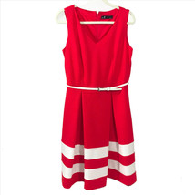 Leslie Fay Red/Orange &amp; White Belted Lined Fit &amp; Flare Women&#39;s Dress Size 8 - $22.65