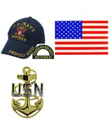 U.S. Navy Hat American Flag Sticker &amp; USN Fouled Anchor Pin Silver &amp; Gol... - $18.97