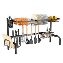 2 Tier Adjustable Over Sink Dish Drying Rack with 8 Hooks - £87.06 GBP