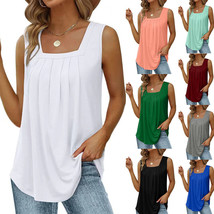 Summer Tank Tops For Women Loose Fit Pleated Square Neck Sleeveless T-shirt - £14.32 GBP