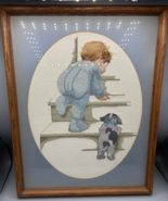 Vtg Framed Complete Cross Stitch Nitey Nite Boy Puppy On Steps - $56.62